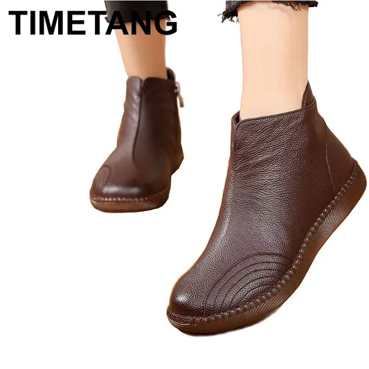 2025 Fashion Women Natural Genuine Leather Boots Handmade Vintage Flat Ankle Botines Shoes Woman Winter