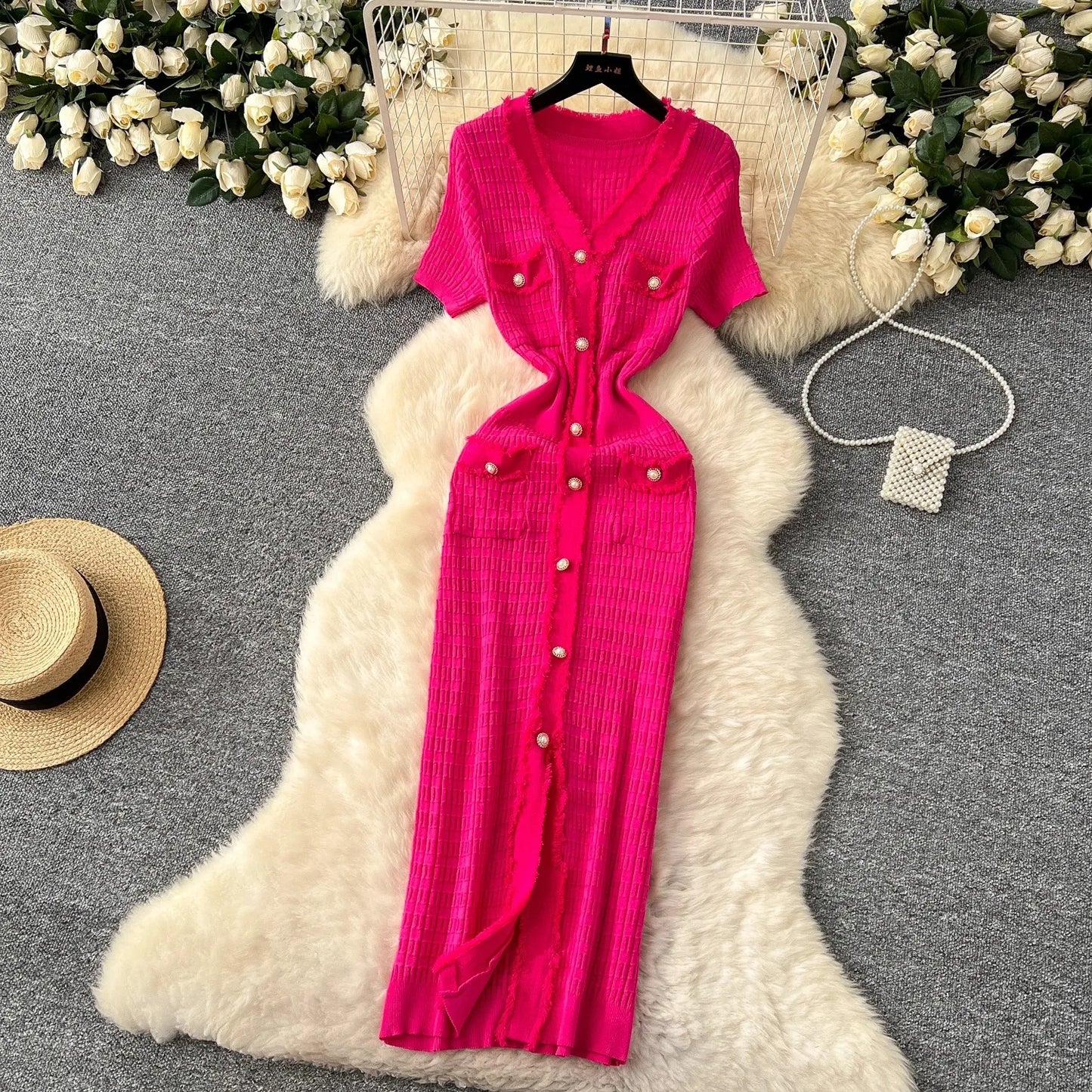 YuooMuoo Women Dress Elegant V-neck Slim Waist Wrap Hips Bodycon Sweater Dress Chic Single-breasted Office Lady Long Shirt Dress