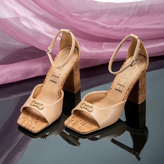 High Heels 2024 Fashion  Women's Luxury Design Sandals Metallic Flower Square Toe Fine Heel Party Dress Shoes High Heels