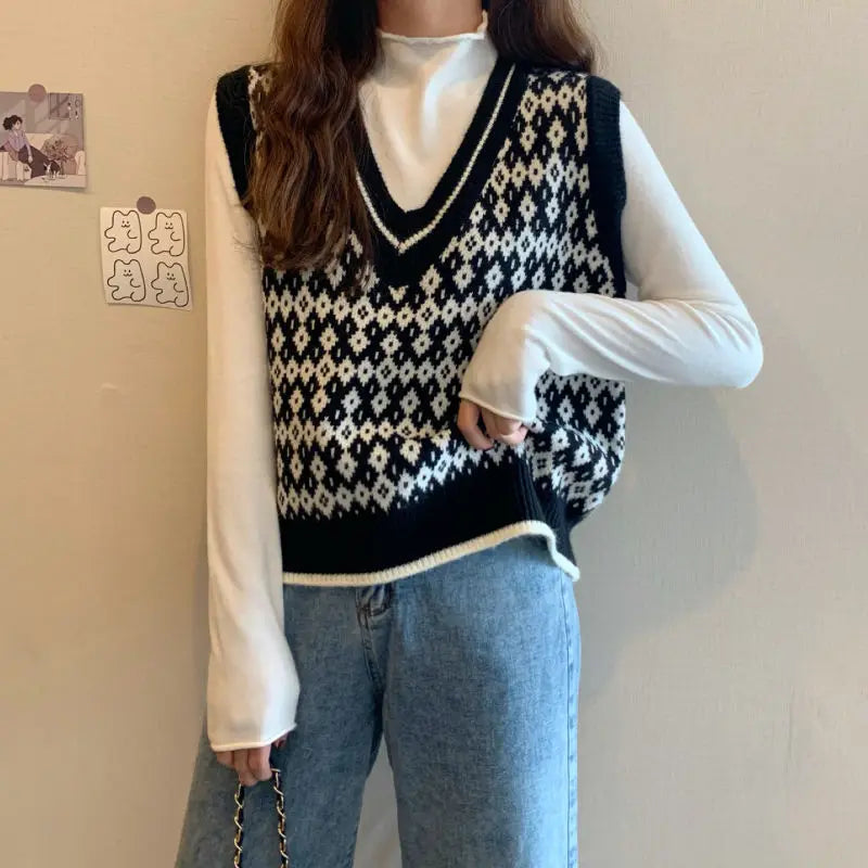 Women Sweater Vest Spring Autumn Fashion Female Casual Loose V-neck Knitted Waistcoat Sleeveless Sweater Pullover Tops Knit Vest