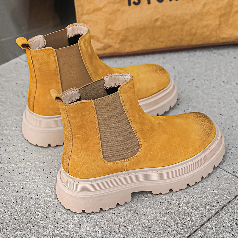 large size men casual party nightclub high chelsea boots slip-on cow suede leather shoes cowboy platform boot autumn winter bota