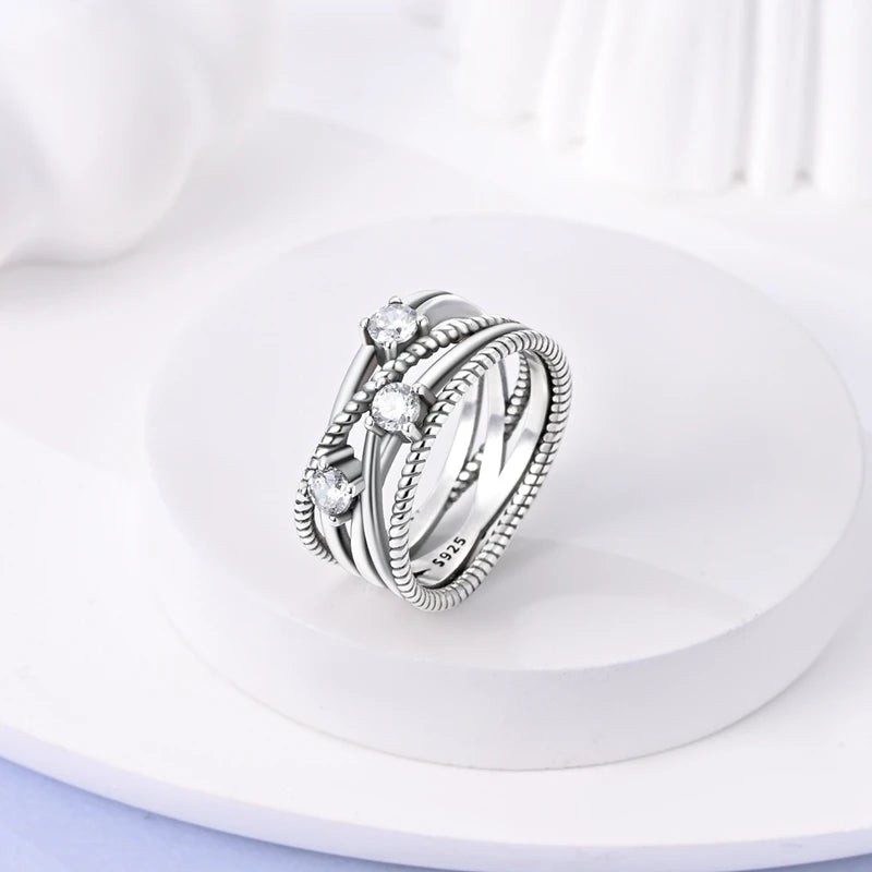 Rings 925 Silver Interwoven Line Rings Zircon Geometric Winding Rings Romantic Engagement Wedding Valentine Fine Jewelry Gift