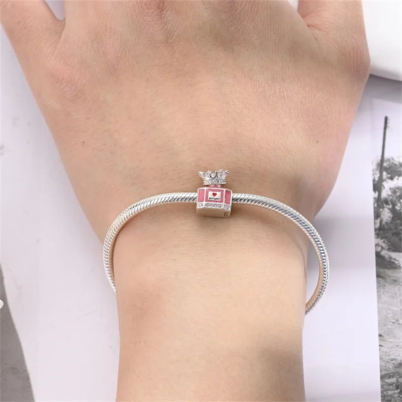 Original S925 Silver Romantic Pink Crown Perfume Bottle Charms Beads Fit Qikaola Bracelets Fine DIY Jewelry Valentine's Day Gift