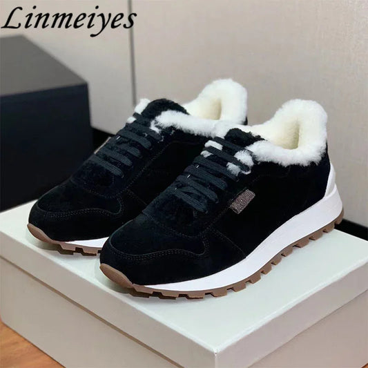 Casual Fur Sneakers Women Outdoors Run Shoes Round Toe Lace Up String Bead Flat Shoes Female Winter Wool Warm Sports Shoes Woman