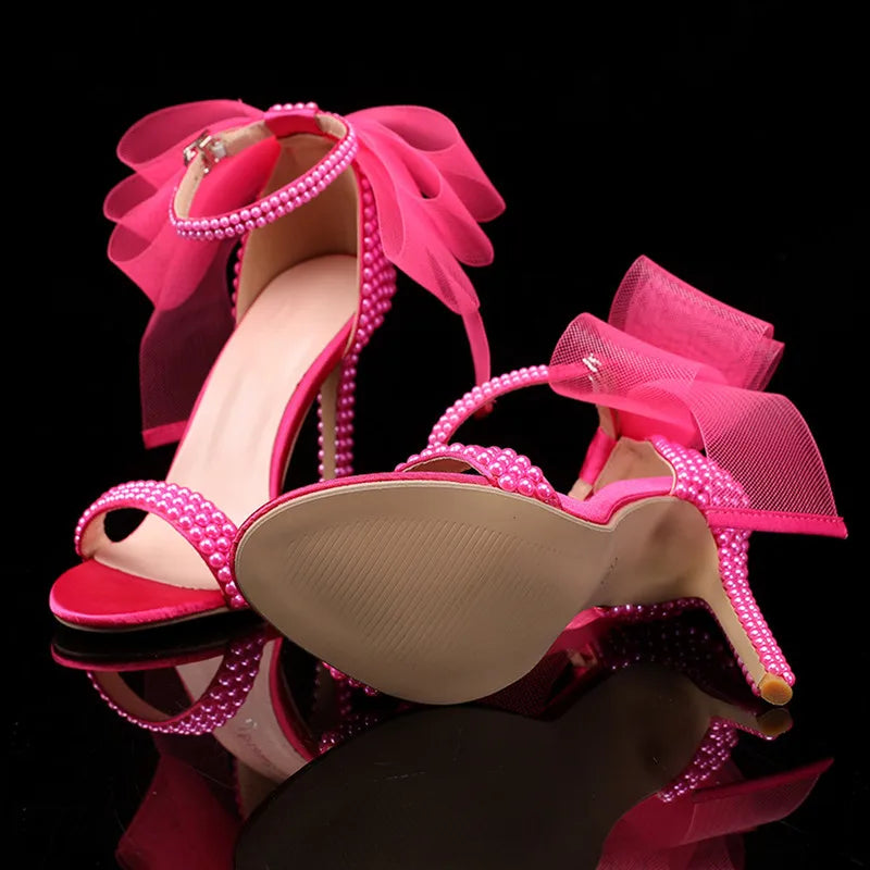 Summer New brand Fashion Bowknot Beading Women Gladiator Sandals Luxury Pearls White thin High heels Wedding Bridal Party Shoes