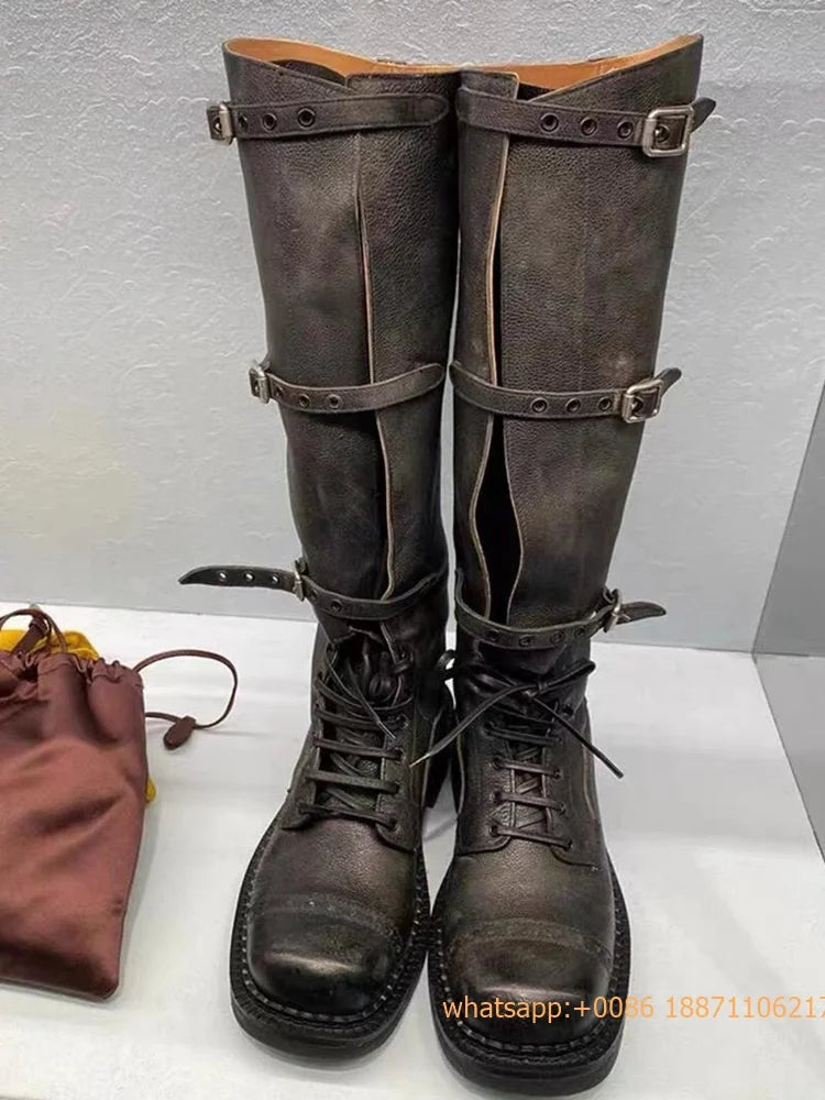 Genuine Leather Ladies Knight Boots 2025 Autumn Belt Buckle Model Catwalk Casual Long Boots Black/brown Thick Heel Casual Boots
