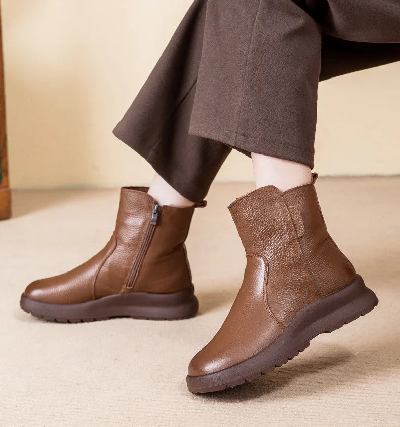GKTINOO 2025 Winter New Genuine Leather Side Zipper Flat Bottom Women's Short Boots Soft Sole Plush Warm Cotton Shoes