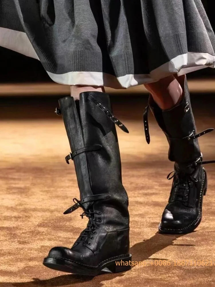 Genuine Leather Ladies Knight Boots 2025 Autumn Belt Buckle Model Catwalk Casual Long Boots Black/brown Thick Heel Casual Boots