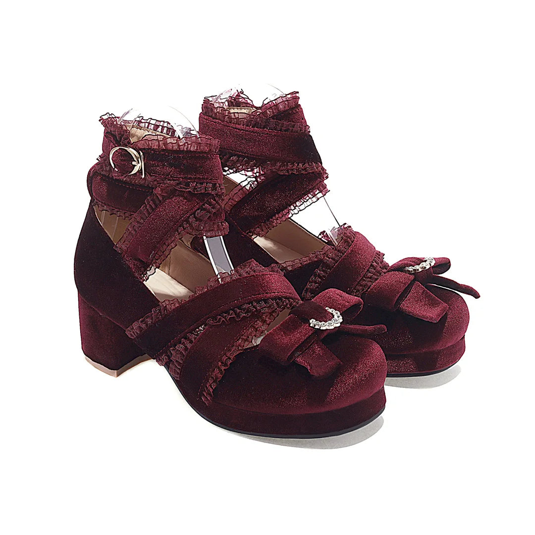 JK Fairy Lolita Shoes Flock Gold Velvet Bow Platform Mary Jane Cross Strap Pumps Gladiator Cosplay Party Red Green Black