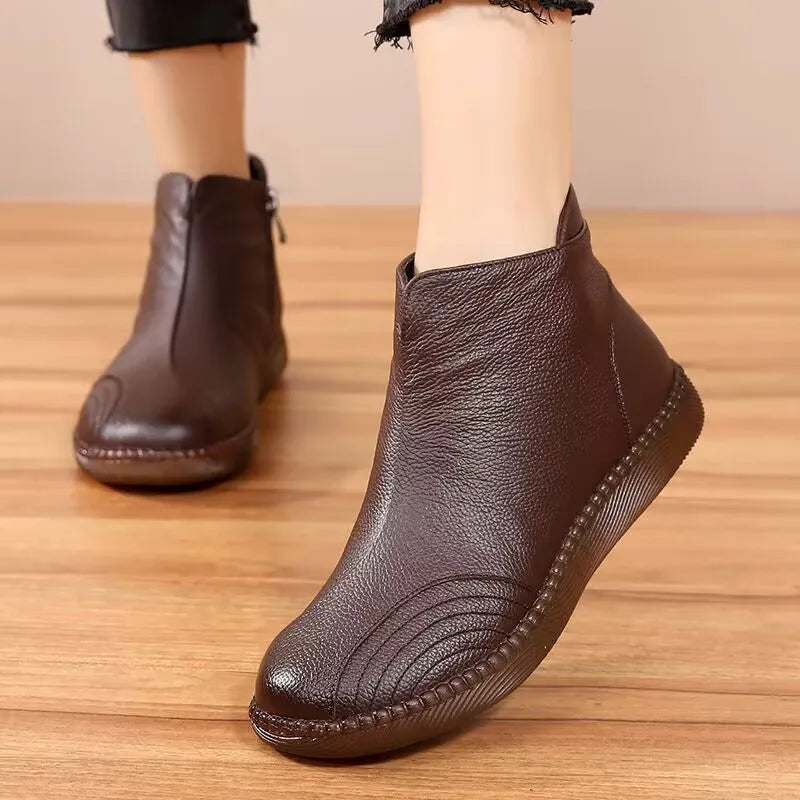 2025 Fashion Women Natural Genuine Leather Boots Handmade Vintage Flat Ankle Botines Shoes Woman Winter
