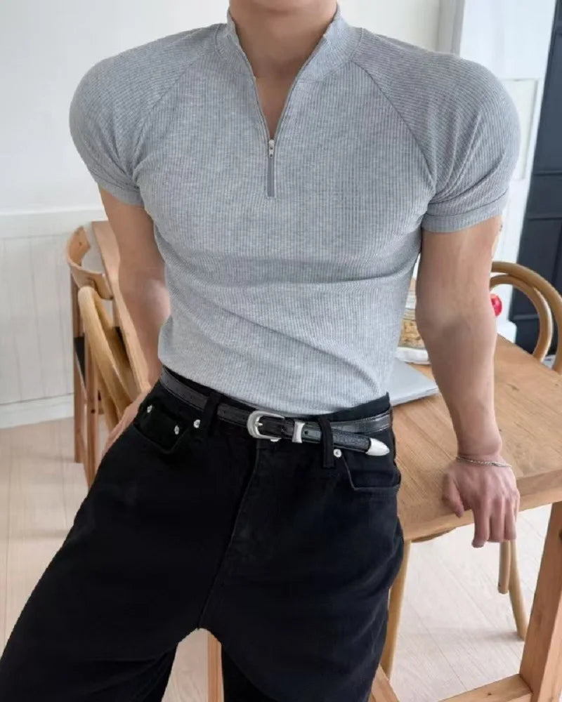 Summer New Men's Sportswear Casual Running And Fitness Stretch Solid Color Zipper Simple Striped Thick Short-sleeved T-shirt