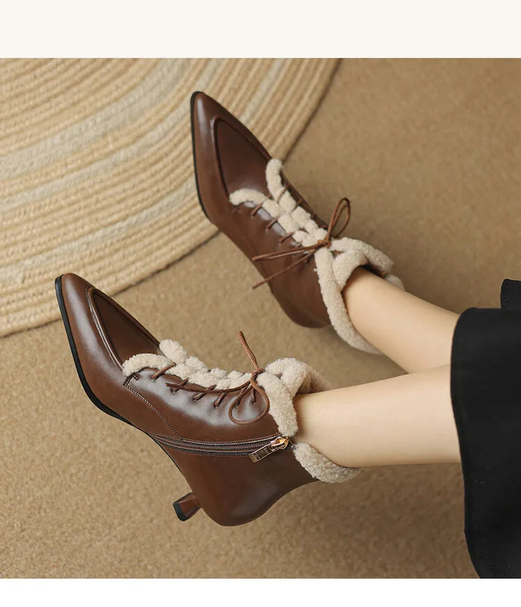 NEW Winter Women Shoes Split Leather Shoes for Women Pointed Toe Kitten Heel Shoes Elegant Modern Boots Wool Blend Ankle Boots