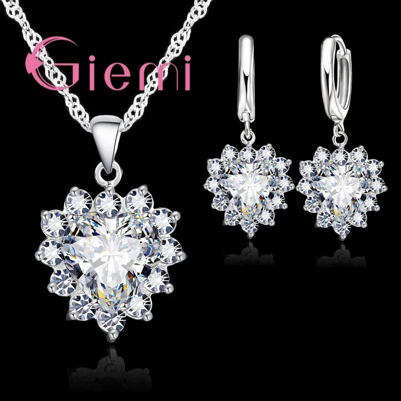 Love Heart Crystal Pendant Silver Color Party Jewelry Sets Necklace Earrings For Women Valentine Gifts
