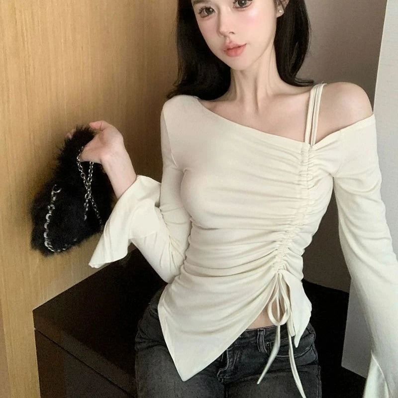 Women Spring Autumn Cotton Flare Sleeve T Shirts Solid Bodycone Basic Long Sleeve Crop Tops Casual Shirring Off-shoulder Tees