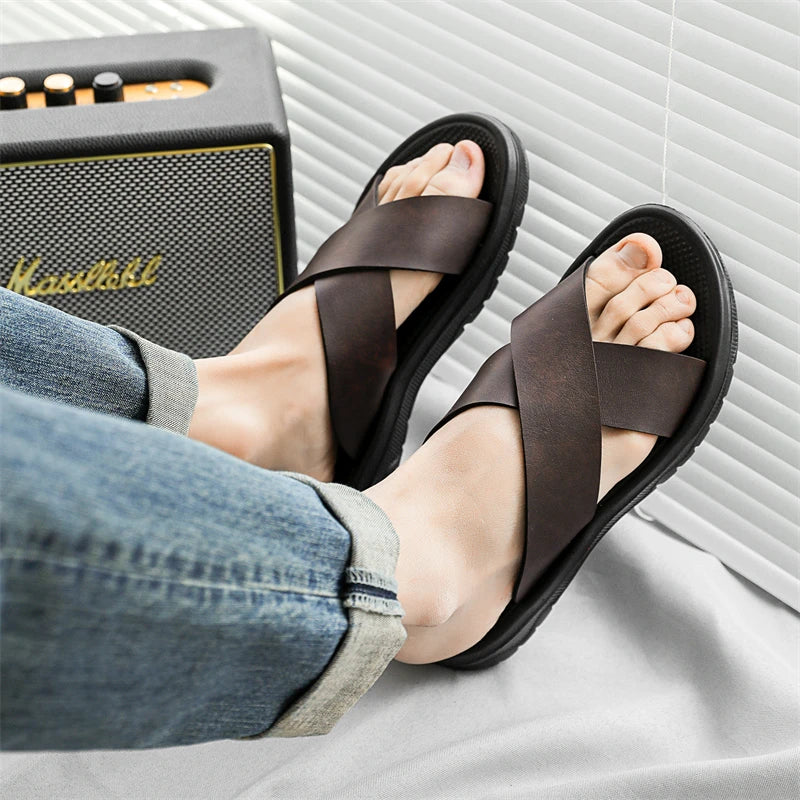 YRZL Men Casual Sandals Lightweight Comfortable PU Leather Summer Slippers Non Slip Outdoor Shoes for Beach Walking Flip Flops