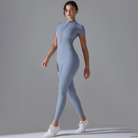 Yoga Set Women Zipper Short Sleeve one piece Gym suit Women's Sports Shapewear Solid Color Nylon Yoga Bodysuit