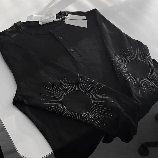Y2k Women Streetwear Embroidery Grunge Autumn  T-shirts Loose Single Breasted Black Tops Aesthetic Casual Style Vintage Tees