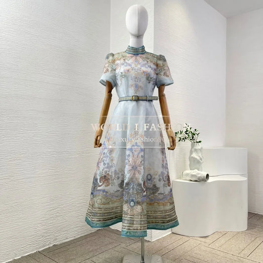 High Quality Blue Paisley Print Short Sleeve Stand Collar Midi Dress