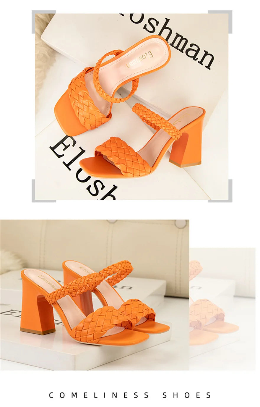 Fashion Weave Thick Heel Women's Slippers Square Toe Summer Casual Ladies Slides Red Orange Shoes Slip On Beach Sexy Pumps Woman