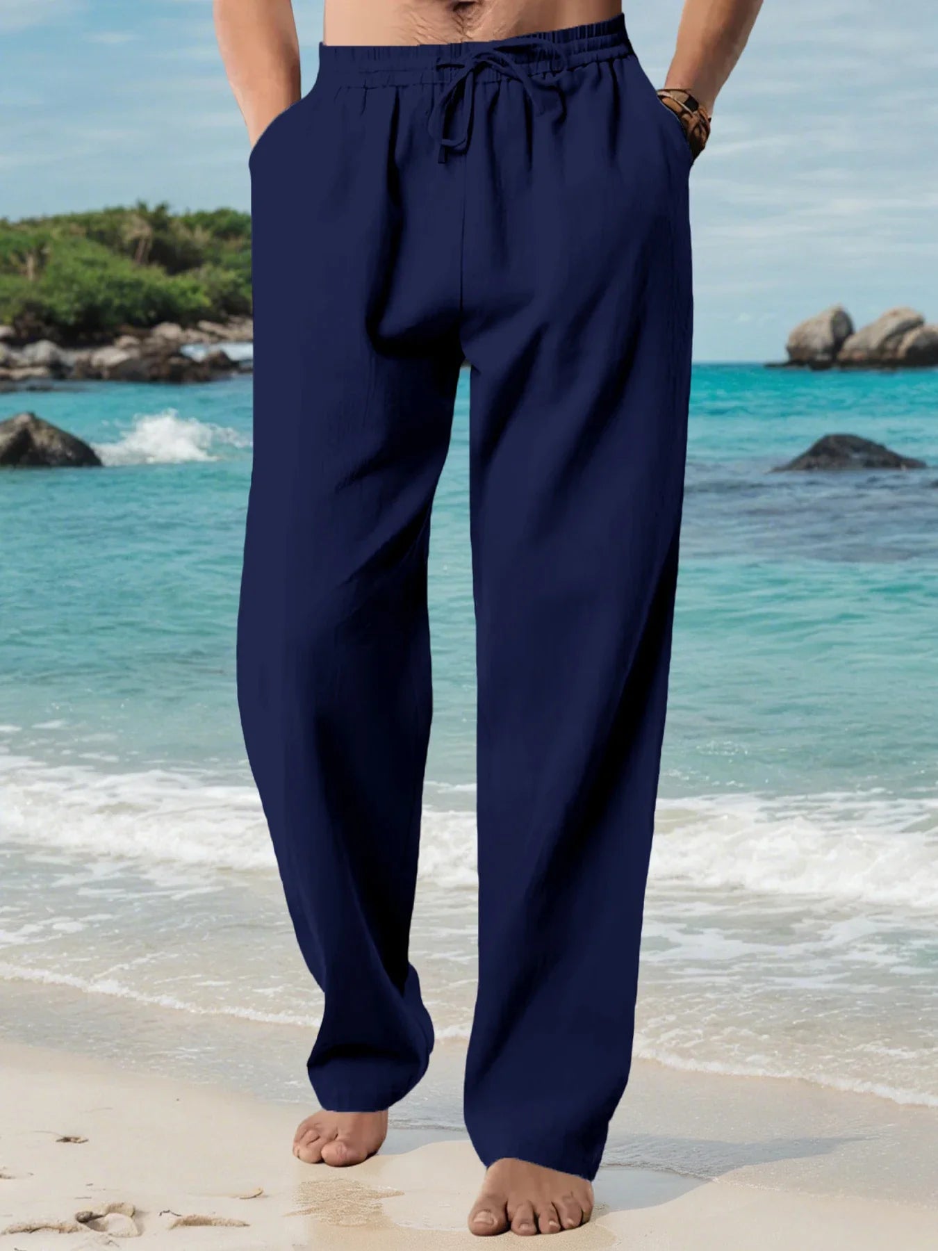Men's Cotton Linen Casual Long Pants Summer Loose Breathable Beach Pants Solid Color Drawstring Elastic Waist Male Trousers