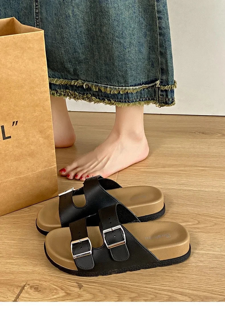 Women's Belted Sandals Roman Style PVC Material Open Toe Metal Decorated Flat Heels Spring Summer Outdoor Wear Fashionable Versa