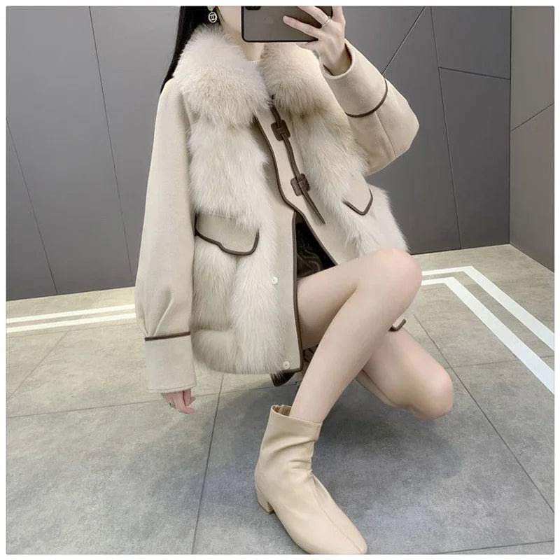 2023 New Autumn Winter with Fur Neighboring Fox Fur Grass Women's Coat Fashion Popular Down Cotton Coat Parker Coat Suede Trend