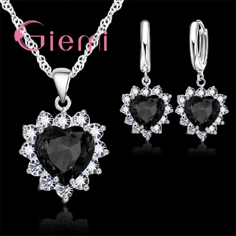 Love Heart Crystal Pendant Silver Color Party Jewelry Sets Necklace Earrings For Women Valentine Gifts