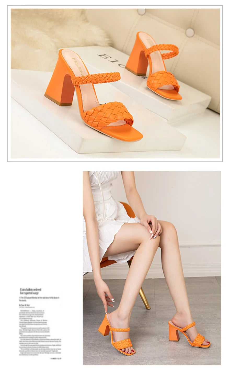 Fashion Weave Thick Heel Women's Slippers Square Toe Summer Casual Ladies Slides Red Orange Shoes Slip On Beach Sexy Pumps Woman
