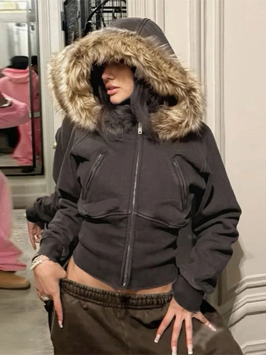 Fashion Solid Feather Hooded Short Jacket Women Zipper Pockets Full Sleeve Waist-closed Coat 2025 Autumn Lady New Street Outwear