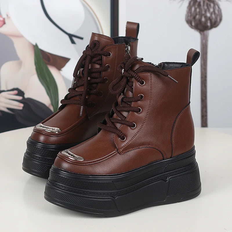 12CM Genuine Leather Winter Autumn Chimney Plush Spring Ankle Booties Fashion ZIP Women Moccasins Platform Wedge Shoes