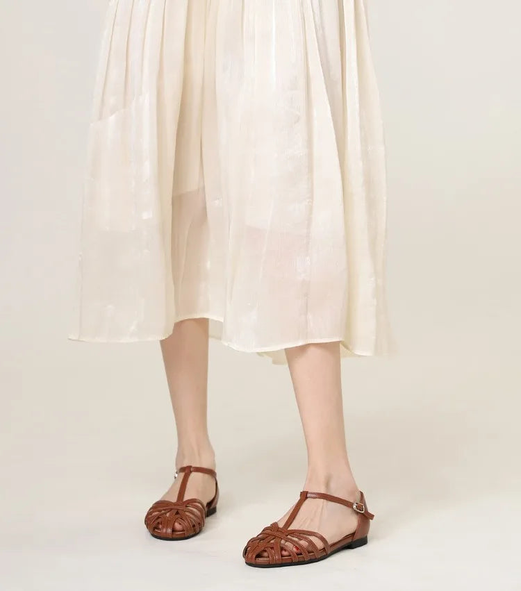 Knitted Hollow Flat Toe Sandals for Women's 2025 New Summer Wear, Breathable One-piece Buckle Fashion Vacation Roman Shoes Women