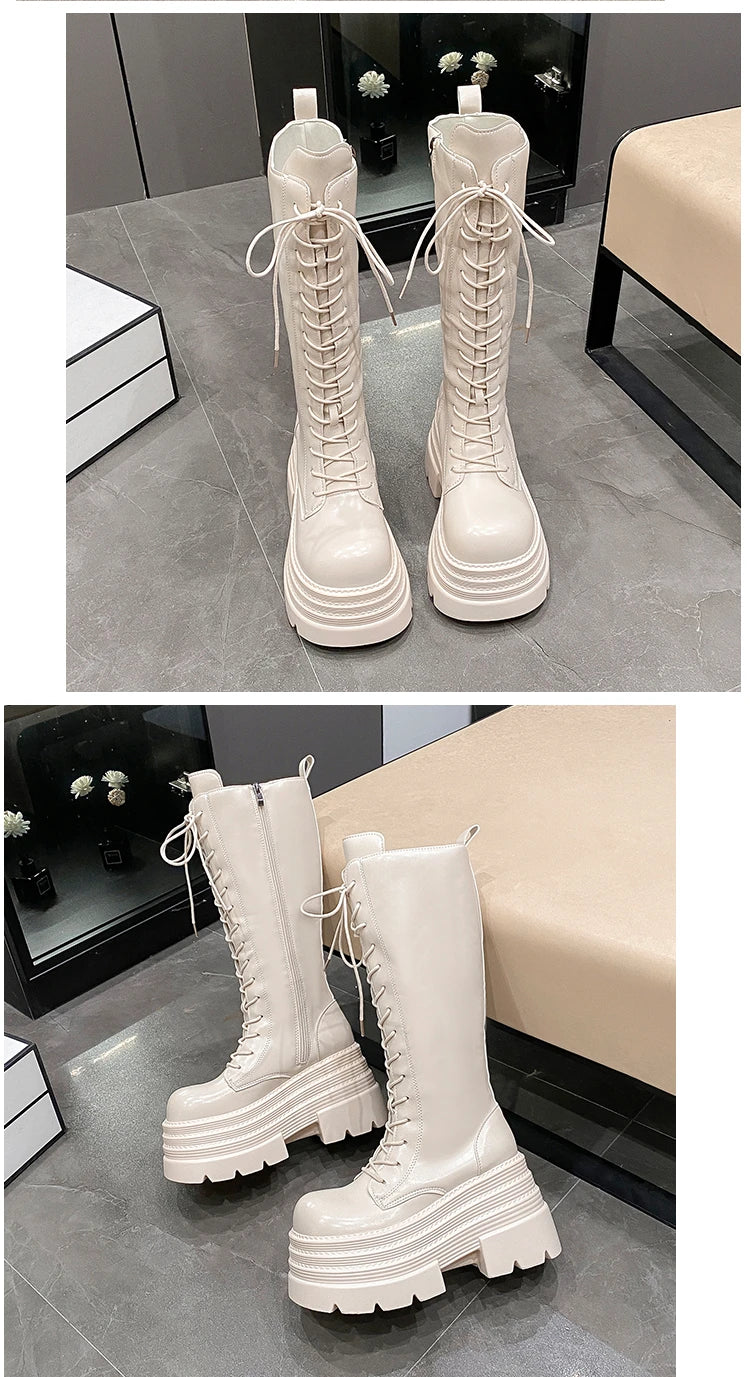 New Women's Roman Long Boots Autumn Winter Knee-high Leather Punk Shoes Chunky Platform Casual Knight Boots Botas Mujer 10CM