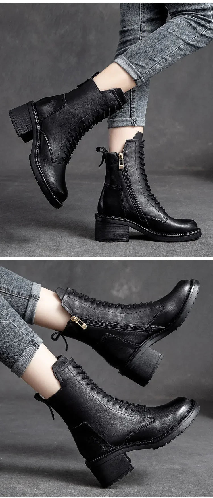 Careaymade 2025 Cow Leather Quality Women Shoes Autumn Winter Square Med Heel Ankle Boots Lace Up Zipper Ladies Pumps Size 35-40