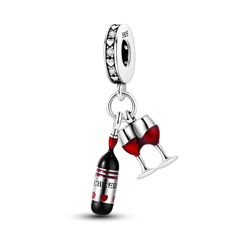 Original 925 Sterling Silver Red Charm Beads Red Wine Chili Dumbbell Pendant For Women Fit DIY Bracelet Birthday Jewelry Gift