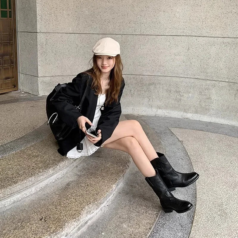 New Fashion Boots for Women Spring/Autumn Square Heel Female Mid-Calf Boots Ladies Slip-On Pointed Toe WESTERN Boots Women