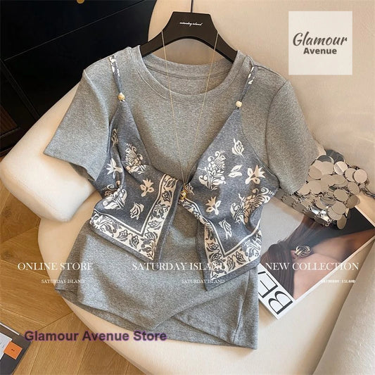 French fashion design chic printed silk scarf sling fake two-piece T-shirt women's summer new loose casual Joker slim top