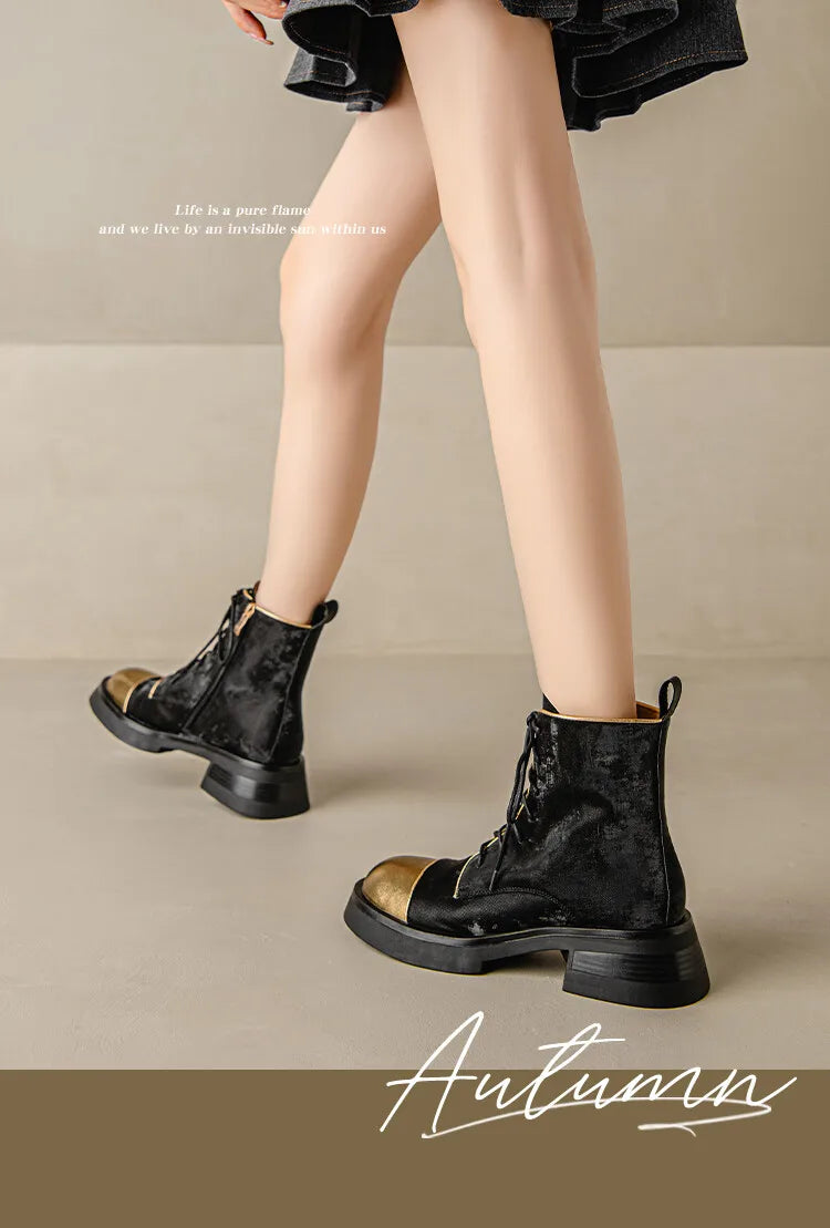 NEW Autumn Women Boots Genuine Leather Shoes for Women Round Toe Chunky Heel Shoes Lace-up Platform Boots Black Ankle Boots