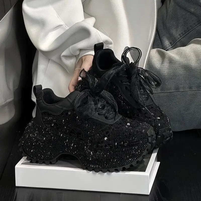 Leisure Sneakers Lace Up Breathable Platform Women Pumps High Heel Round Toe Solid Color Daily Diamonds Bowknot Comfortable