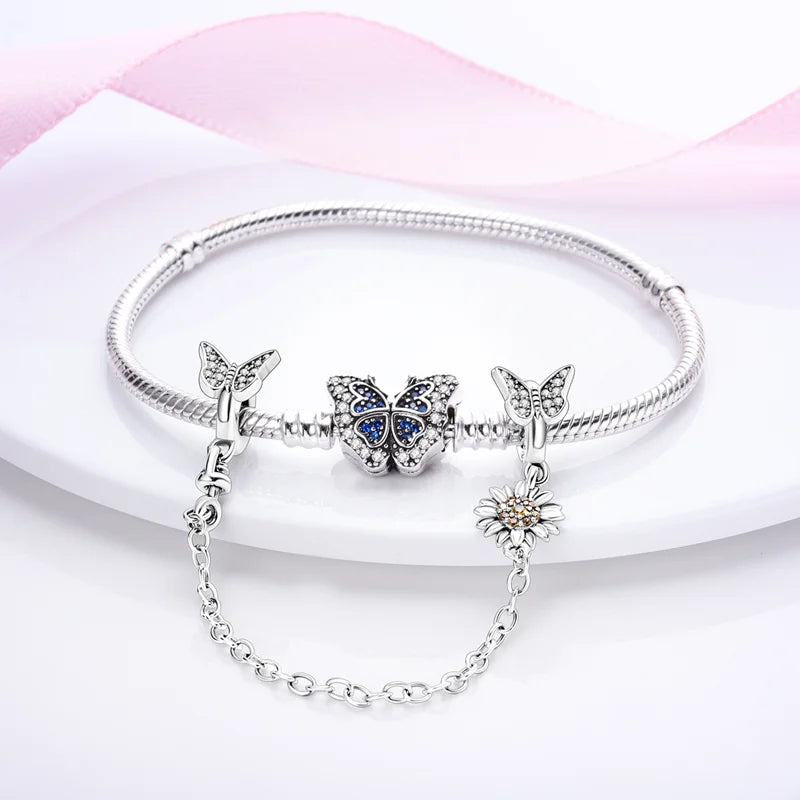 925 Sterling Silver Safety Chain Aircraft Earth Camera Daisy Silicone Charms Beads Fit Original Bracelets DIY Jewelry For Women