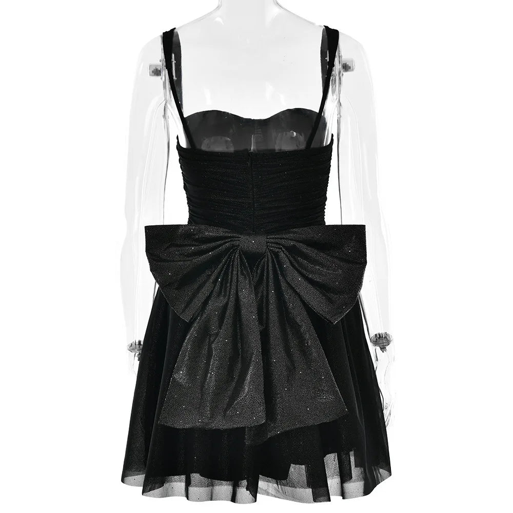 Articat Sexy Mesh Spaghetti Strap Double-layer Short For Women Elegant Sleeveless Backless Tight Shiny Bow Evening Dress 2025