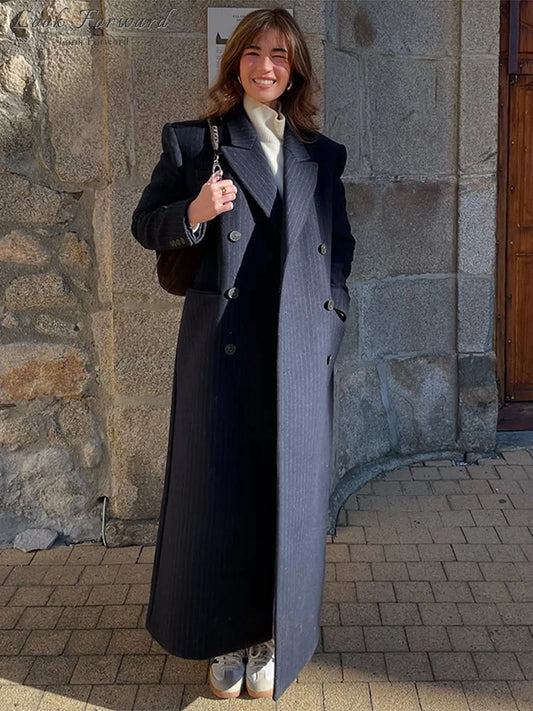 Casual Stripe Long Coat Women's Stylish V-neck Double-breasted Blazer With Shoulder Pad 2025 New Autumn Winter Ladies Outwear