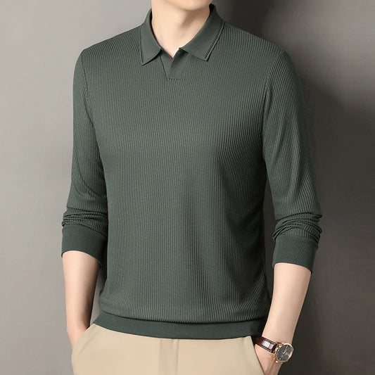 Spring and Autumn men's long sleeved T-shirt, polo shirt, casual trend, casual solid color, V-neck elastic, no heat T-shirt