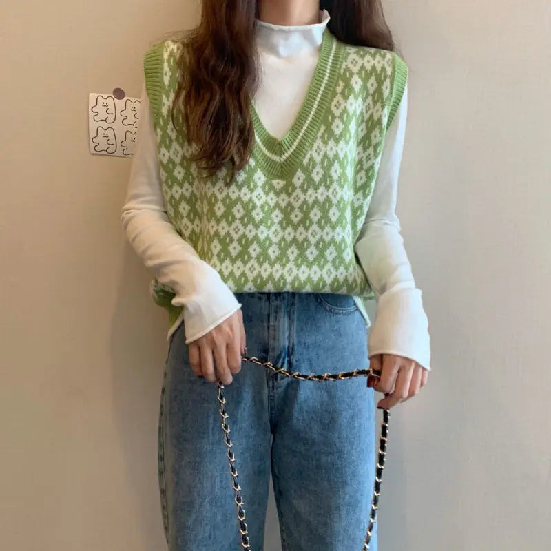 Women Sweater Vest Spring Autumn Fashion Female Casual Loose V-neck Knitted Waistcoat Sleeveless Sweater Pullover Tops Knit Vest
