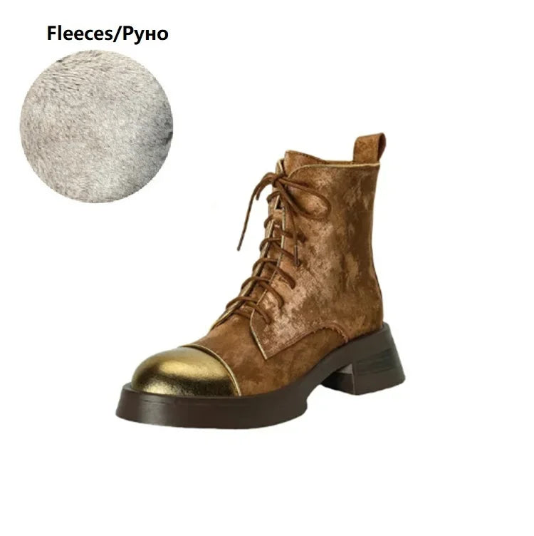 NEW Autumn Women Boots Genuine Leather Shoes for Women Round Toe Chunky Heel Shoes Lace-up Platform Boots Black Ankle Boots