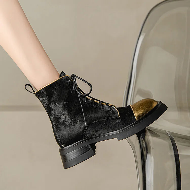 NEW Autumn Women Boots Genuine Leather Shoes for Women Round Toe Chunky Heel Shoes Lace-up Platform Boots Black Ankle Boots