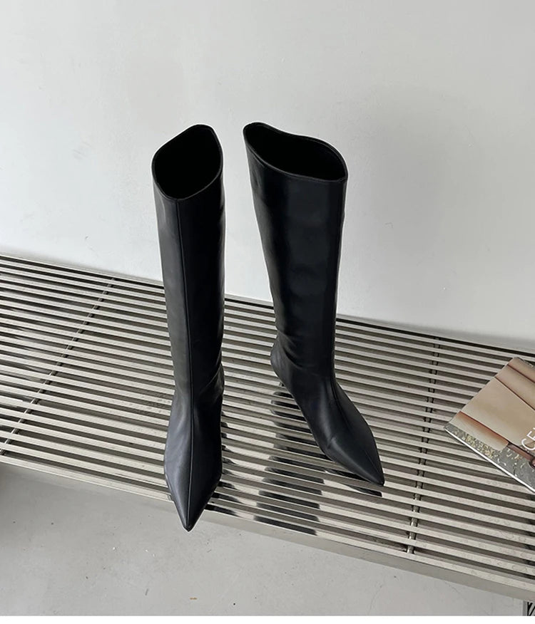 2025 Luxury Knee High Boots Women Wine Red Pointed Toe Kitten Heel Long Boots Wide Tube Bottes Santiags Femme Elegant Shoes