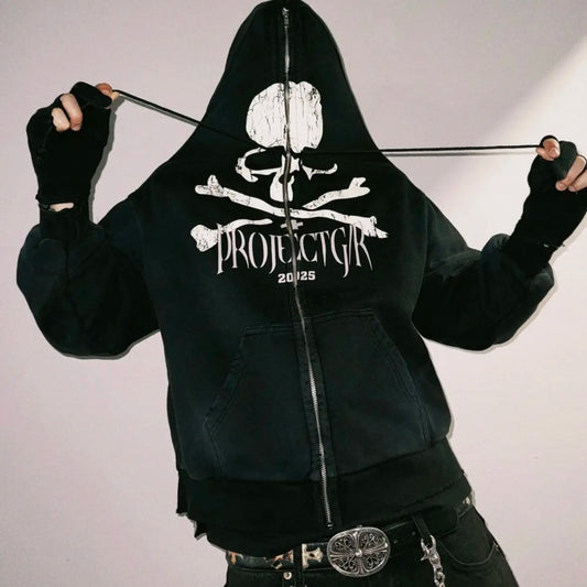 Wasteland style skull print hoodies women shoulder zipper cardigan hooded sweatshirt jacket oversized hoodie harajuku clothes