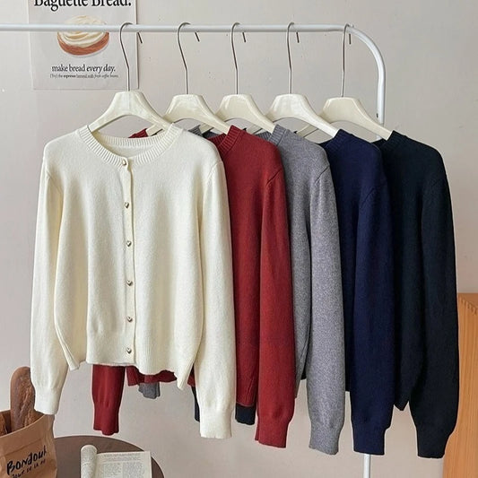 Autumn Winter 2025 New Women's Retro Love Small Gold Buckle Cardigan Female Casual Solid Long Sleeve Slim Knitted Sweater