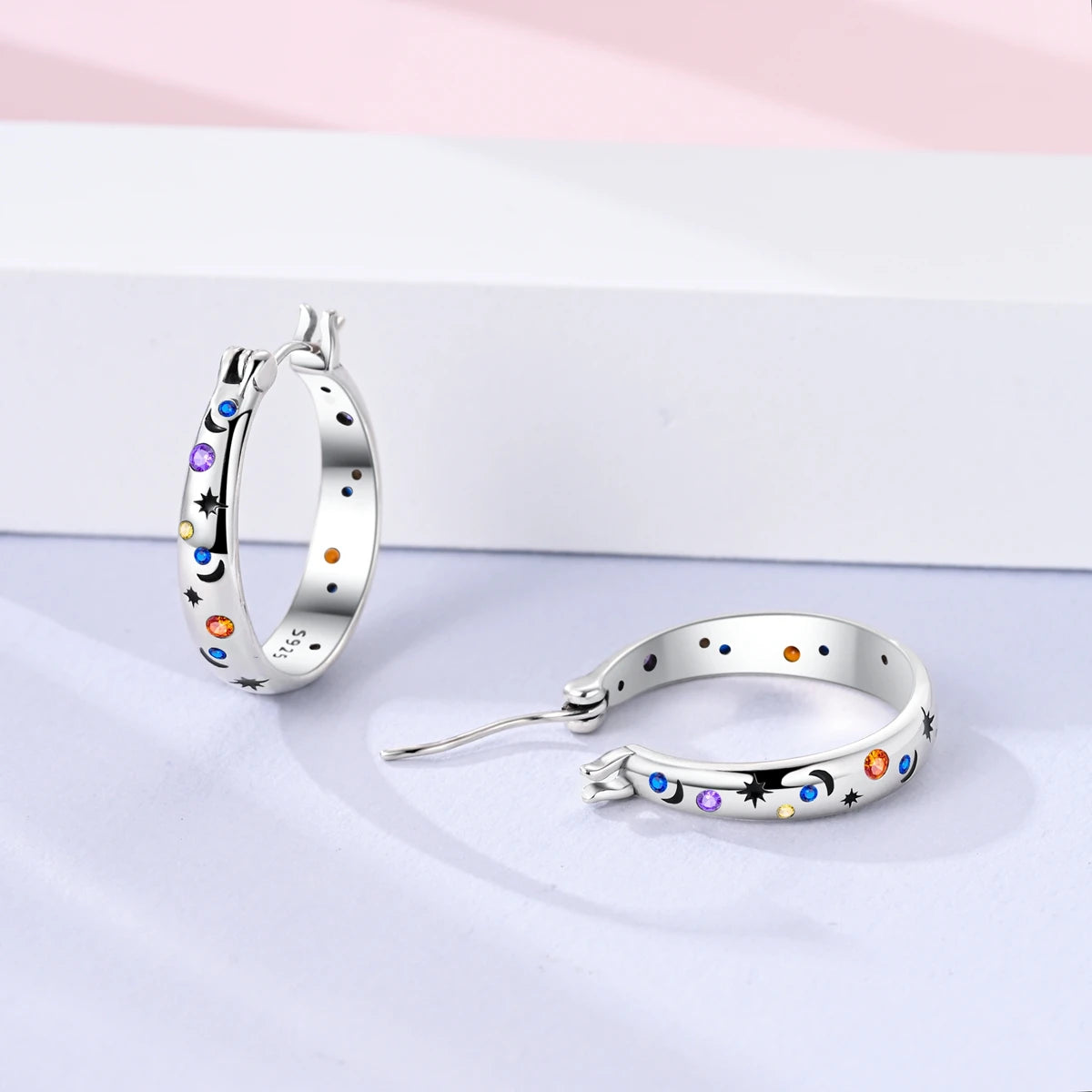 925 Sterling Silver Colored Zirconium Stars Hoop Earrings For Women Jewelry Anniversary WeddingMaking Jewelry Gift