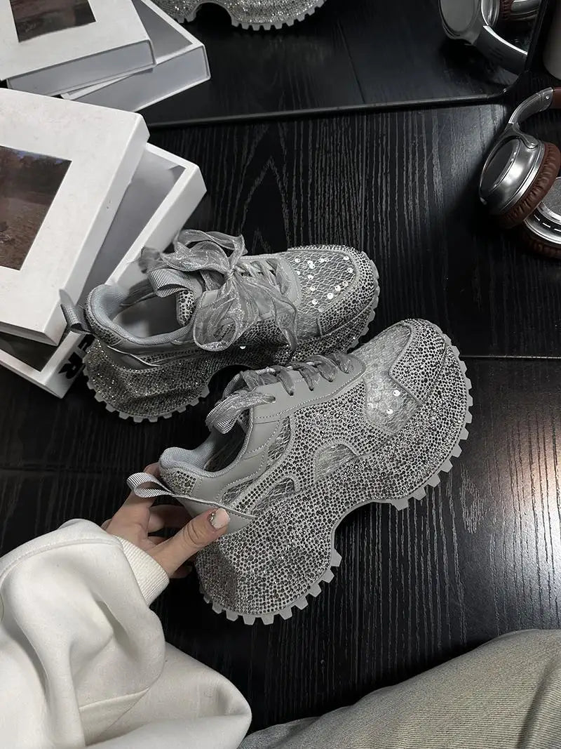 Leisure Sneakers Lace Up Breathable Platform Women Pumps High Heel Round Toe Solid Color Daily Diamonds Bowknot Comfortable